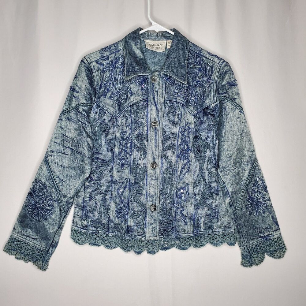 Flashback‎ Couture Shiny Jean Jacket Small Embroidered Sequin Country Western